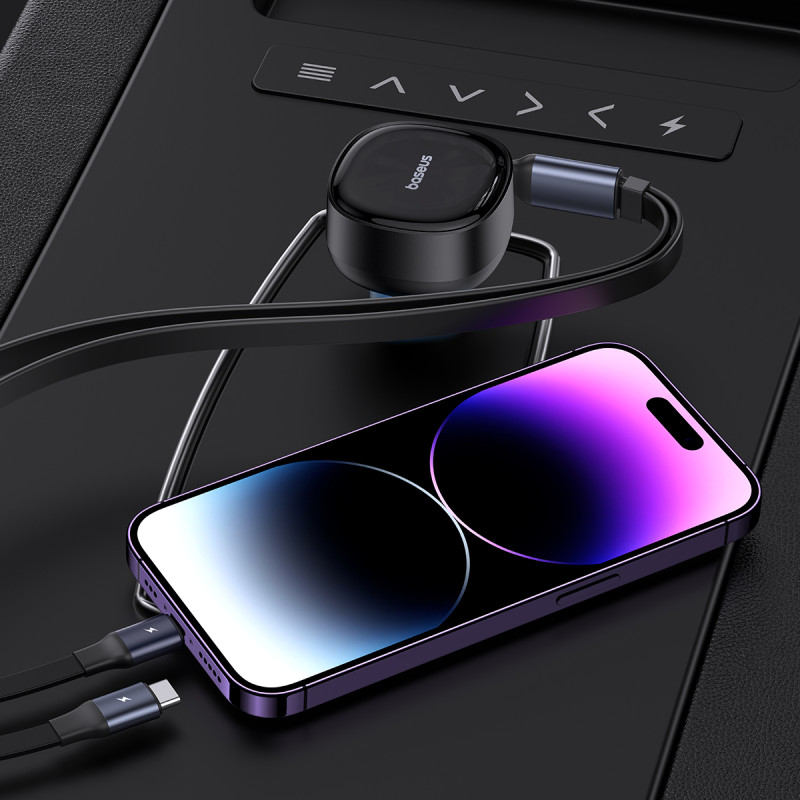 Automobilinis įkroviklis su USB-C ir ištraukiamu USB-C laidu iPhone 60W, juodas