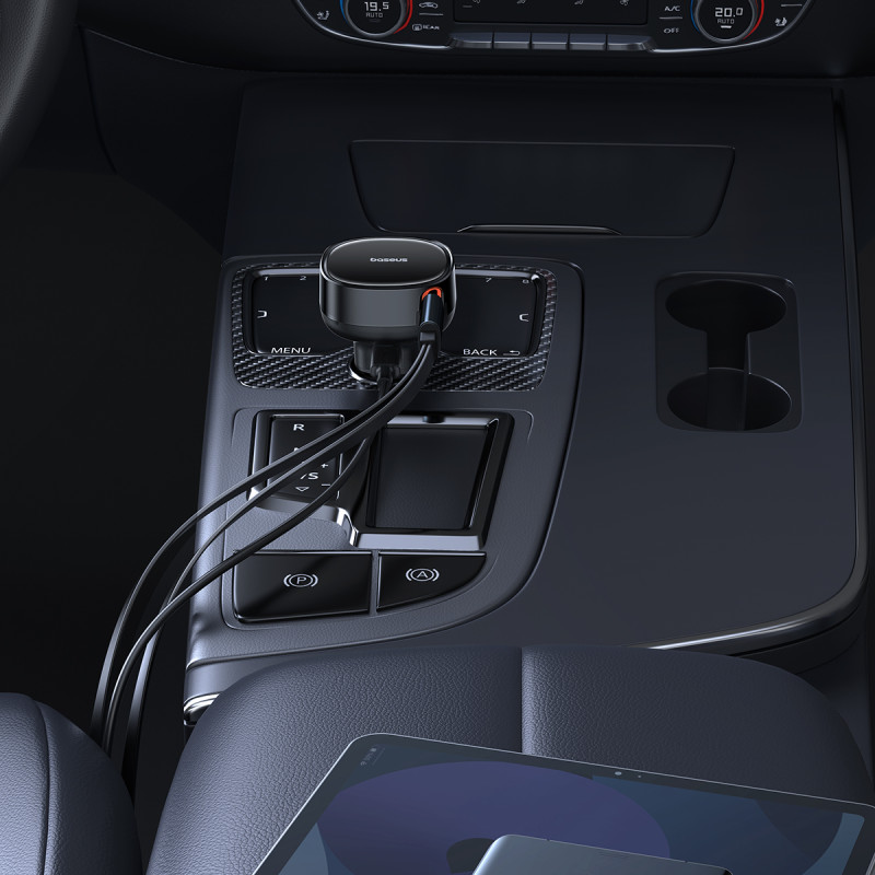 Automobilinis įkroviklis su USB-C ir ištraukiamu USB-C laidu iPhone 60W, juodas