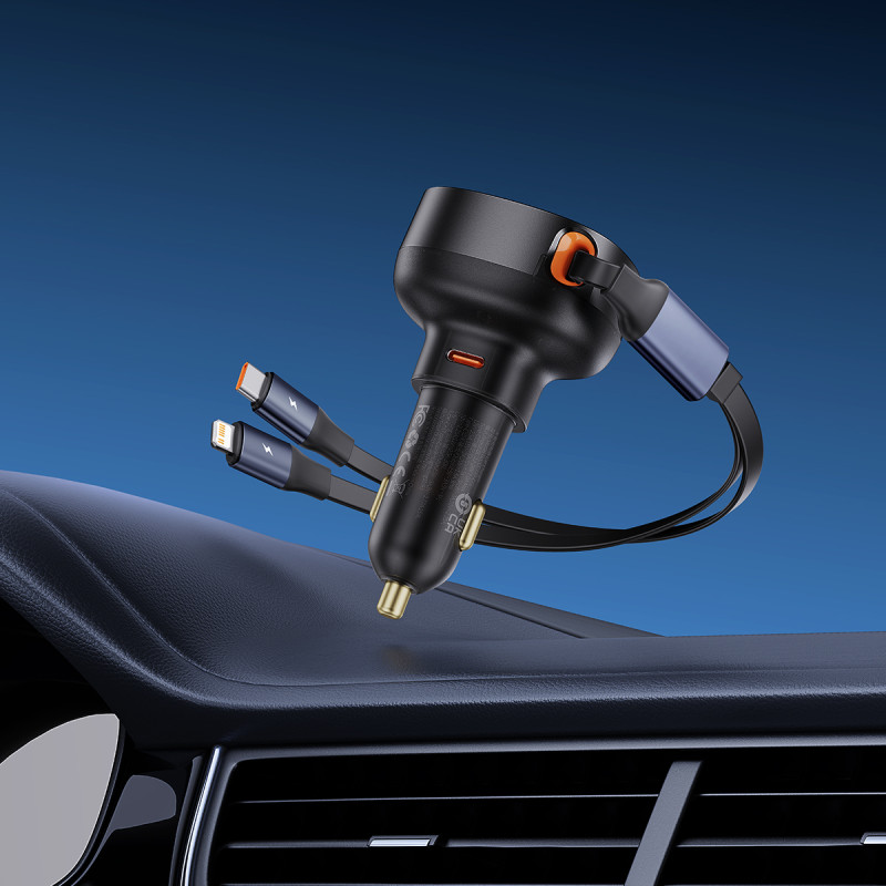 Automobilinis įkroviklis su USB-C ir ištraukiamu USB-C laidu iPhone 60W, juodas