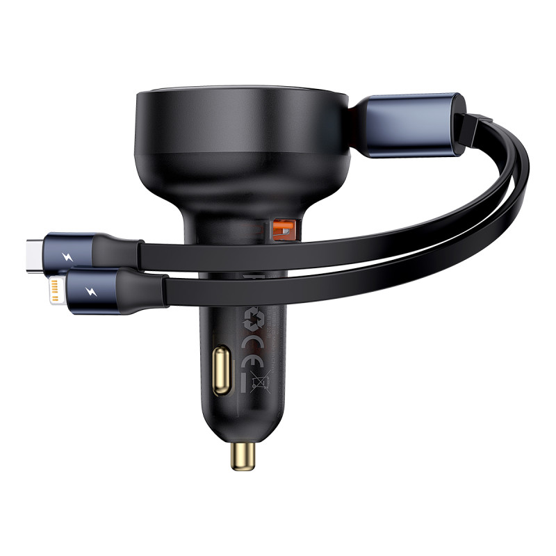 
Automobilinis įkroviklis su USB-A ir ištraukiamu USB-C laidu iPhone 60W, juodas
