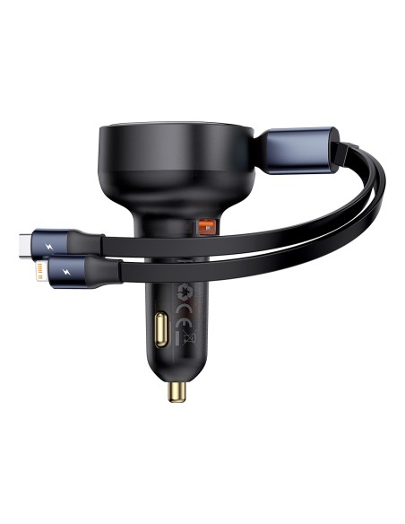 
Automobilinis įkroviklis su USB-A ir ištraukiamu USB-C laidu iPhone 60W, juodas
