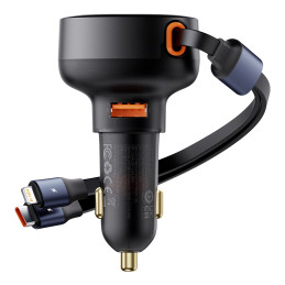
Automobilinis įkroviklis su USB-A ir ištraukiamu USB-C laidu iPhone 60W, juodas
