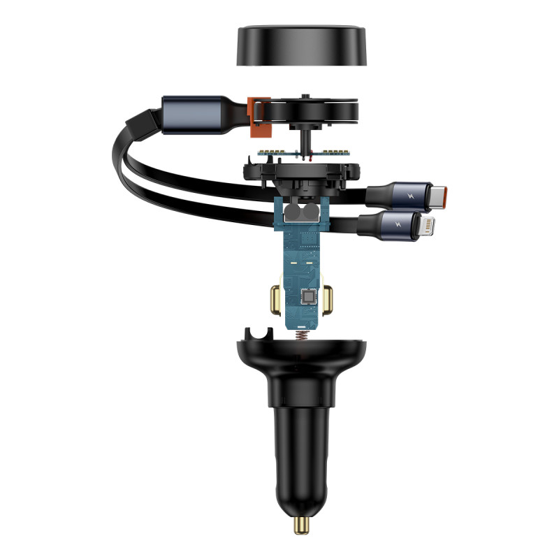 
Automobilinis įkroviklis su USB-A ir ištraukiamu USB-C laidu iPhone 60W, juodas
