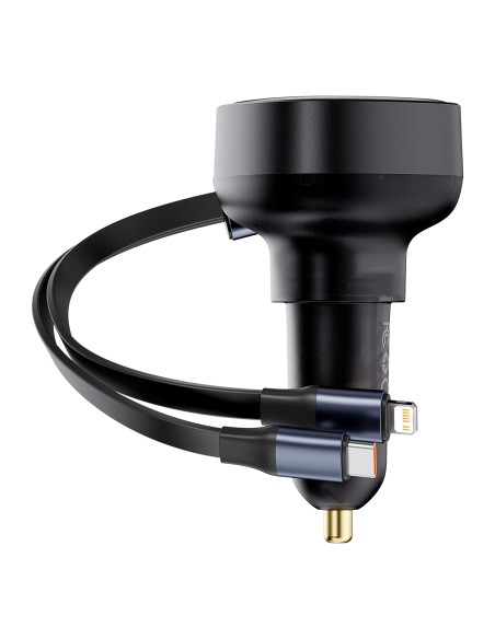 
Automobilinis įkroviklis su USB-A ir ištraukiamu USB-C laidu iPhone 60W, juodas
