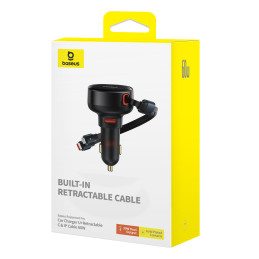 
Automobilinis įkroviklis su USB-A ir ištraukiamu USB-C laidu iPhone 60W, juodas
