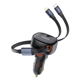 
Automobilinis įkroviklis su USB-A ir ištraukiamu USB-C laidu iPhone 60W, juodas
