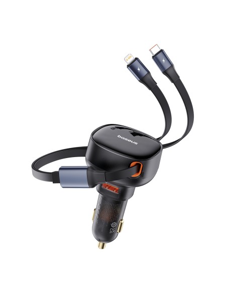 
Automobilinis įkroviklis su USB-A ir ištraukiamu USB-C laidu iPhone 60W, juodas
