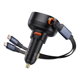 
Automobilinis įkroviklis su USB-A ir ištraukiamu USB-C laidu iPhone 60W, juodas

