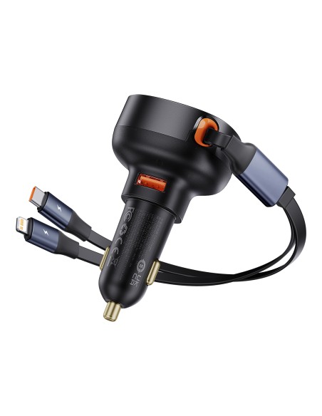 
Automobilinis įkroviklis su USB-A ir ištraukiamu USB-C laidu iPhone 60W, juodas
