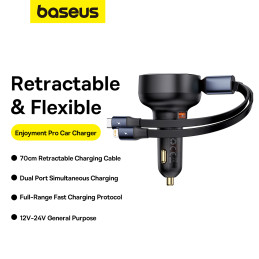 
Automobilinis įkroviklis su USB-A ir ištraukiamu USB-C laidu iPhone 60W, juodas
