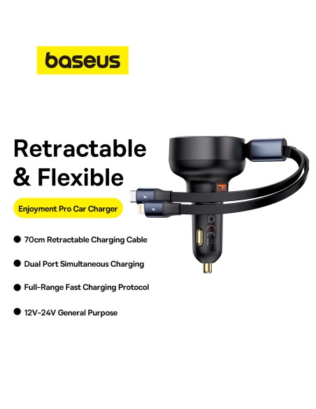 
Automobilinis įkroviklis su USB-A ir ištraukiamu USB-C laidu iPhone 60W, juodas
