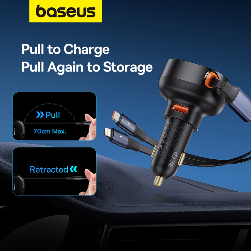
Automobilinis įkroviklis su USB-A ir ištraukiamu USB-C laidu iPhone 60W, juodas
