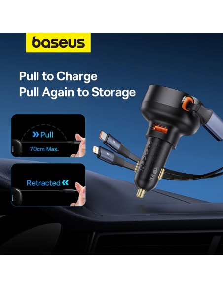 
Automobilinis įkroviklis su USB-A ir ištraukiamu USB-C laidu iPhone 60W, juodas
