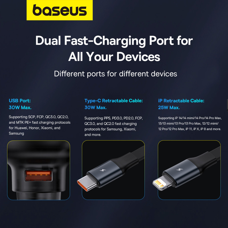 
Automobilinis įkroviklis su USB-A ir ištraukiamu USB-C laidu iPhone 60W, juodas
