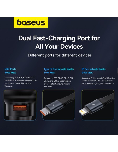 
Automobilinis įkroviklis su USB-A ir ištraukiamu USB-C laidu iPhone 60W, juodas
