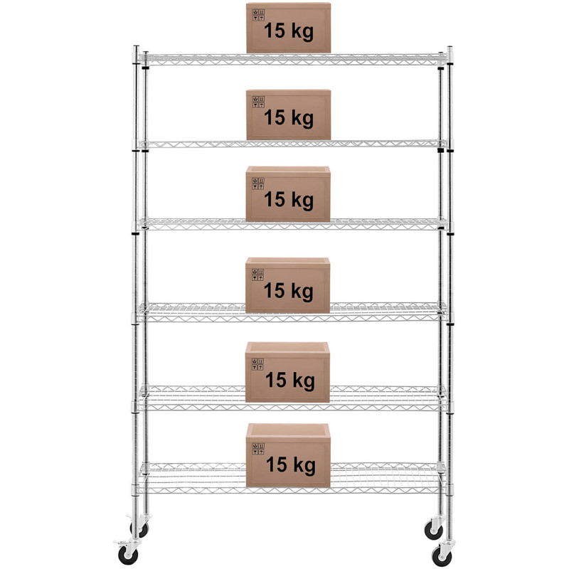 Ažūrinės vielos laikymo lentynos ant ratukų 6 lentynos iki 90 kg 120x45x189 cm