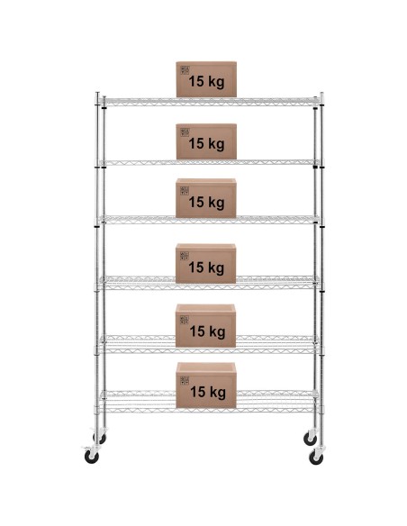 Ažūrinės vielos laikymo lentynos ant ratukų 6 lentynos iki 90 kg 120x45x189 cm Ažūrinės vielos laikymo lentynos ant ratukų 6 lentynos iki 90 kg 120x45x189 cm
