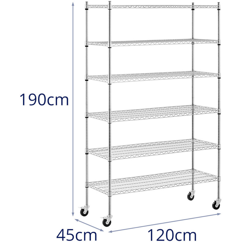 Ažūrinės vielos laikymo lentynos ant ratukų 6 lentynos iki 90 kg 120x45x189 cm