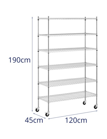 Ažūrinės vielos laikymo lentynos ant ratukų 6 lentynos iki 90 kg 120x45x189 cm Ažūrinės vielos laikymo lentynos ant ratukų 6 lentynos iki 90 kg 120x45x189 cm