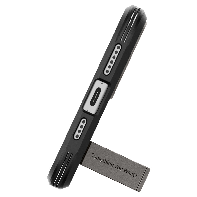 Tvirtas Armor MagSafe dėklas su stovu iPhone 15, metalo pilka