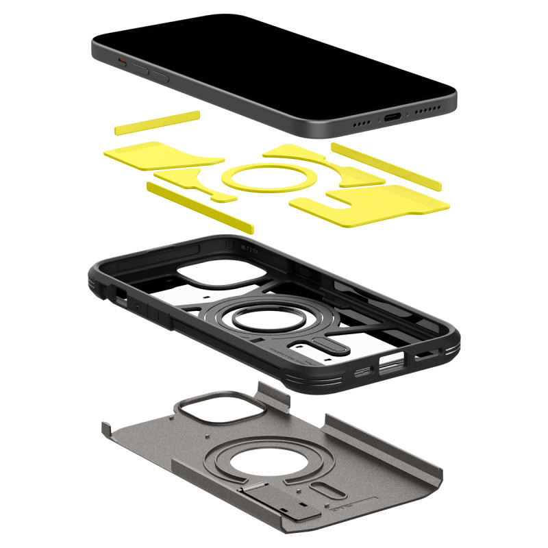 Tvirtas Armor MagSafe dėklas su stovu iPhone 15, metalo pilka
