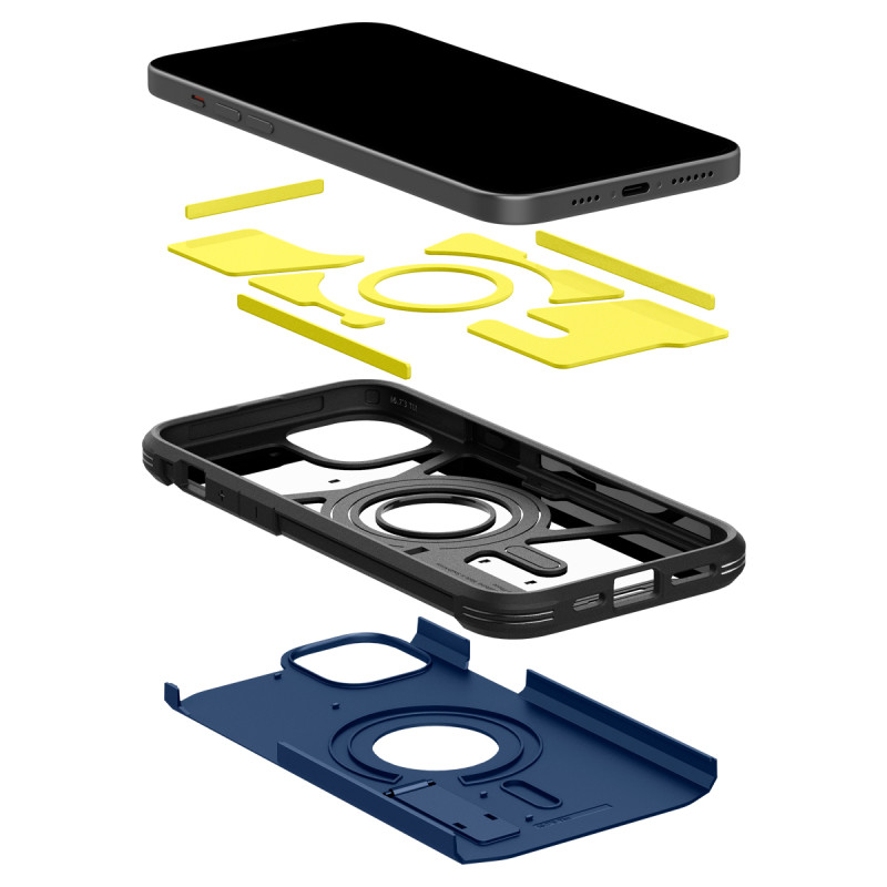 Tvirtas Armor MagSafe dėklas su stovu iPhone 15 Plus, mėlynas