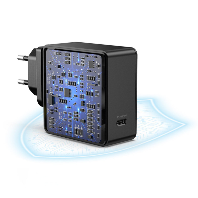 Greitas įkroviklis USB Type C PD 60W 3A juodas
