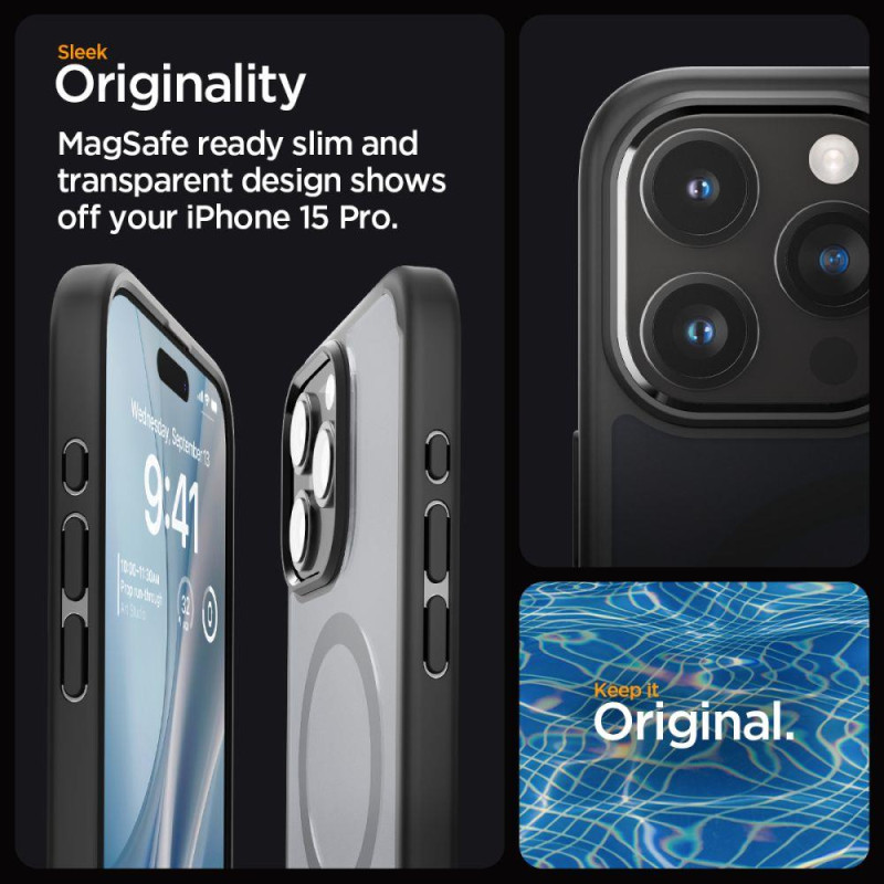 Ultra Hybrid Mag dėklas su MagSafe, skirtas iPhone 15 Pro, skaidrus ir juodas