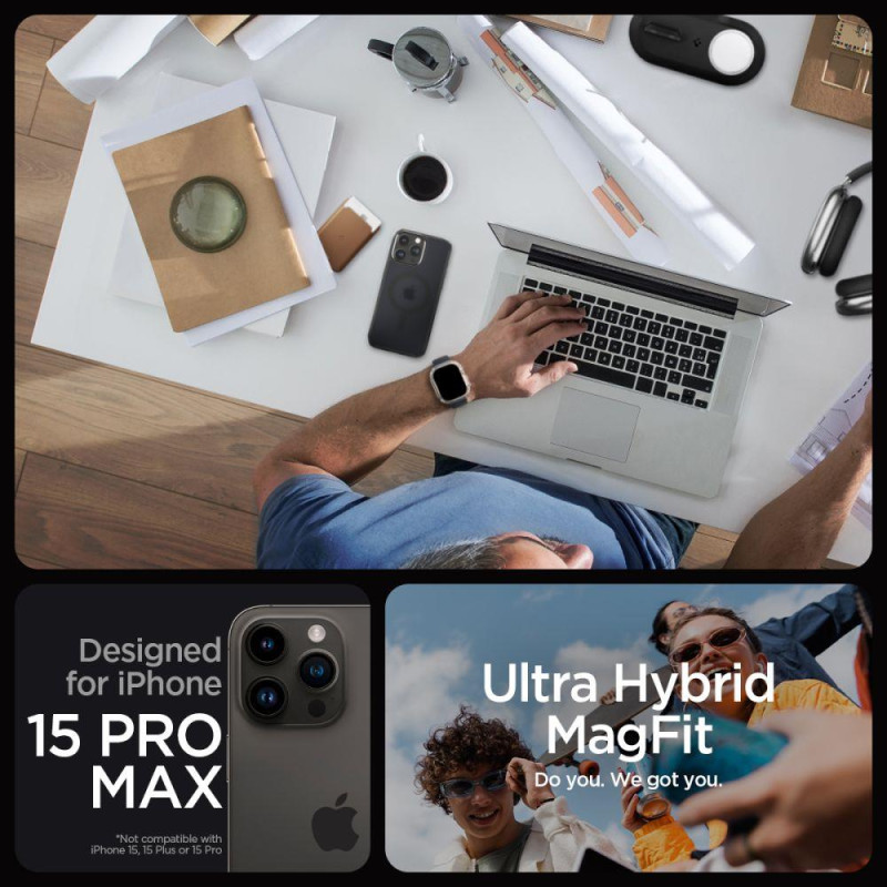 Ultra Hybrid Mag dėklas su MagSafe, skirtas iPhone 15 Pro Max, skaidrus ir juodas