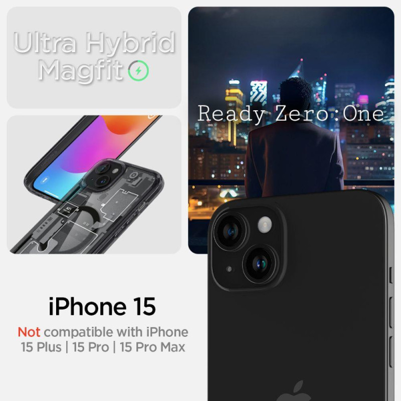 Ultra Hybrid Mag dėklas su MagSafe, skirtas iPhone 15, pilkas ir juodas