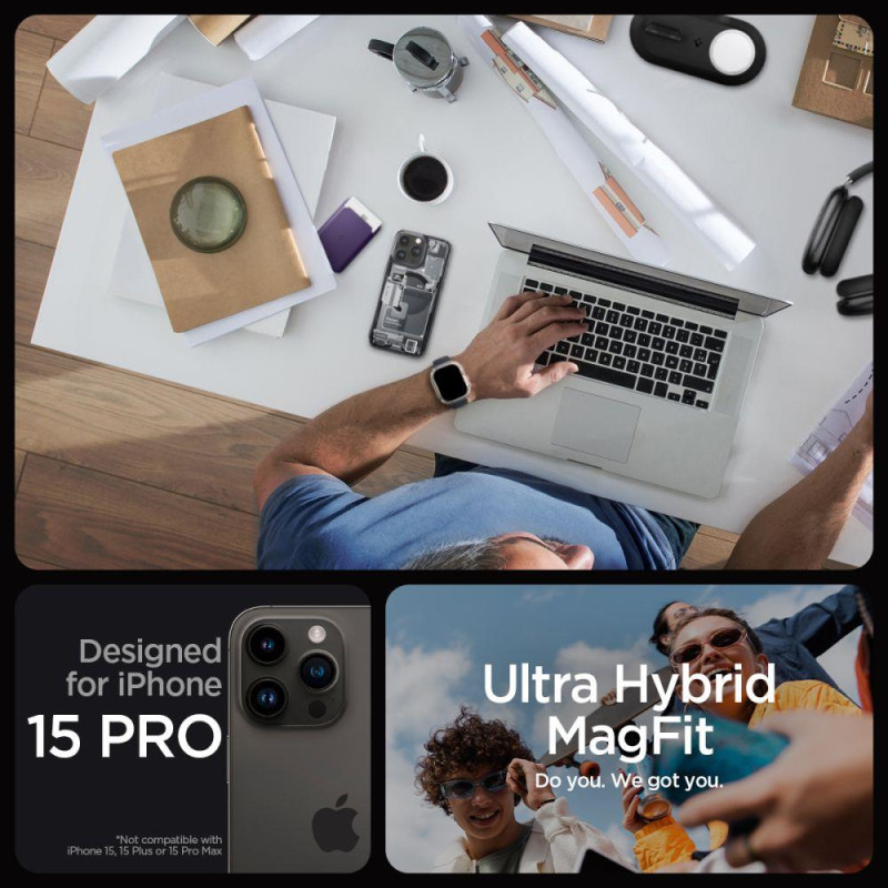 Ultra Hybrid Mag dėklas su MagSafe, skirtas iPhone 15 Pro, pilkas ir juodas