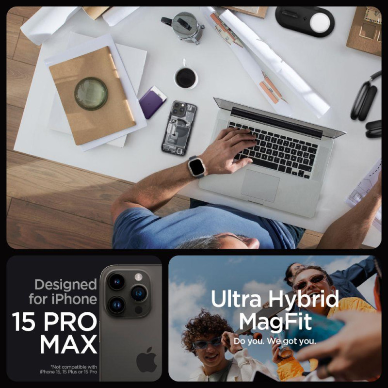Ultra Hybrid Mag dėklas su MagSafe, skirtas iPhone 15 Pro Max, pilkas ir juodas