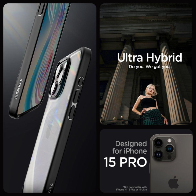 Ultra Hybrid dėklas skirtas iPhone 15 Pro, matinė juoda