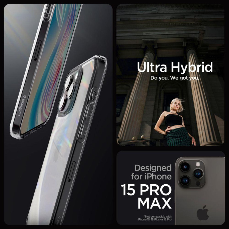 Ultra Hybrid dėklas skirtas iPhone 15 Pro Max, skaidrus ir pilkas