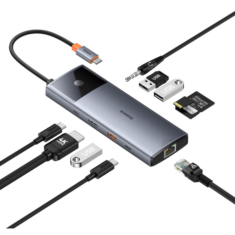 
11in1 HUB adapteris USB-C prie USB-C PD USB-C 3x USB-A HDMI AUX RJ-45 SD TF pilka
