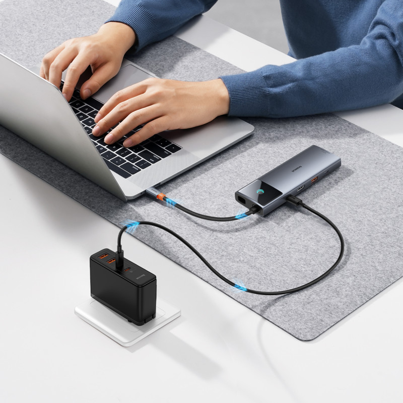 11in1 HUB adapteris USB-C prie USB-C PD USB-C 3x USB-A HDMI AUX RJ-45 SD TF pilka