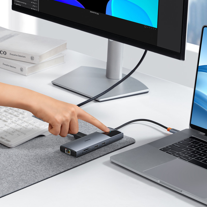 11in1 HUB adapteris USB-C prie USB-C PD USB-C 3x USB-A HDMI AUX RJ-45 SD TF pilka