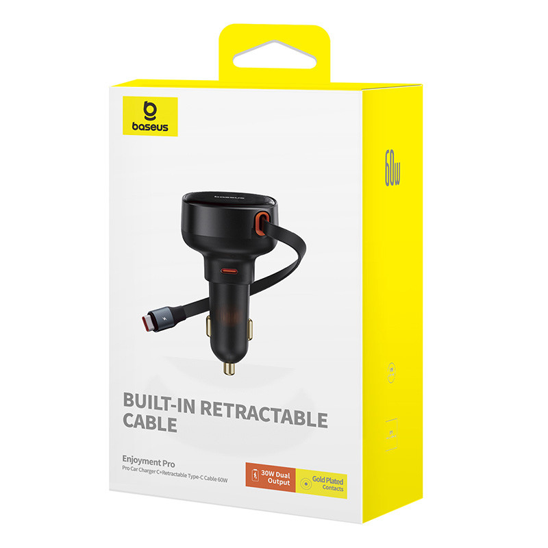 Enjoyment Pro automobilinis įkroviklis su ištraukiamu USB-C laidu 60W, juodas