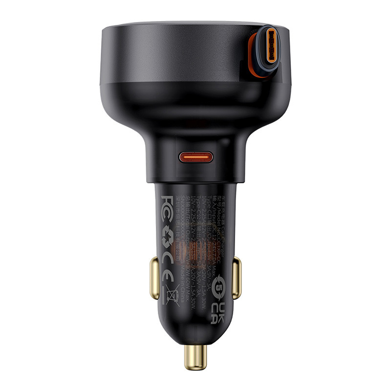 Enjoyment Pro automobilinis įkroviklis su ištraukiamu USB-C laidu 60W, juodas