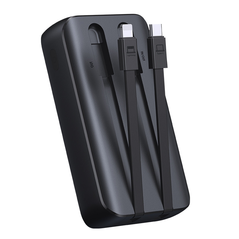 Powerbank 30W 10000mAh su integruotais iPhone Lightning ir USB-C laidais, juodas