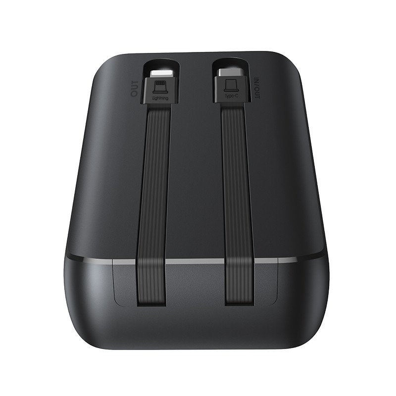 Powerbank 30W 10000mAh su integruotais iPhone Lightning ir USB-C laidais, juodas