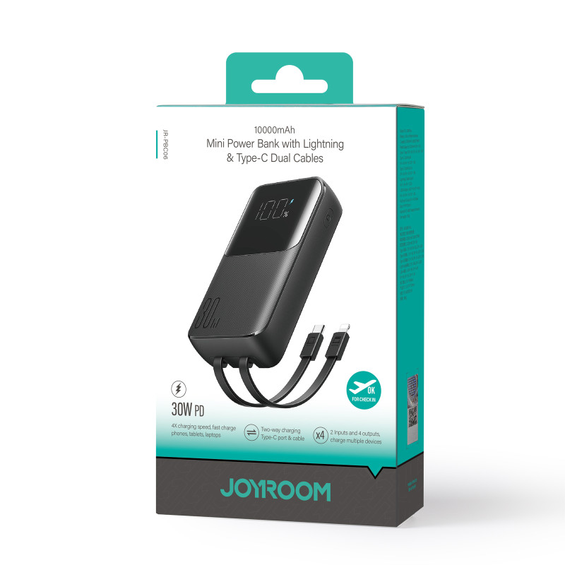 Powerbank 30W 10000mAh su integruotais iPhone Lightning ir USB-C laidais, juodas
