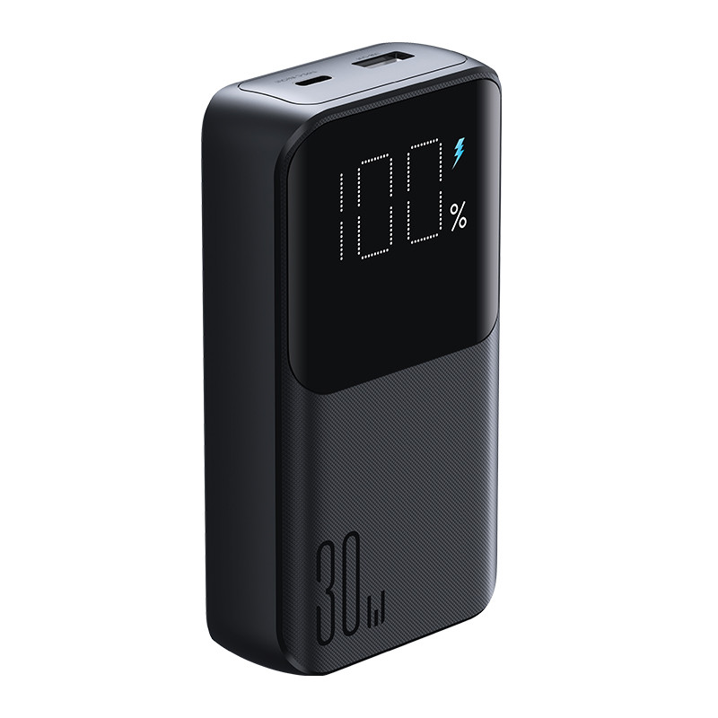 Powerbank 30W 10000mAh su integruotais iPhone Lightning ir USB-C laidais, juodas