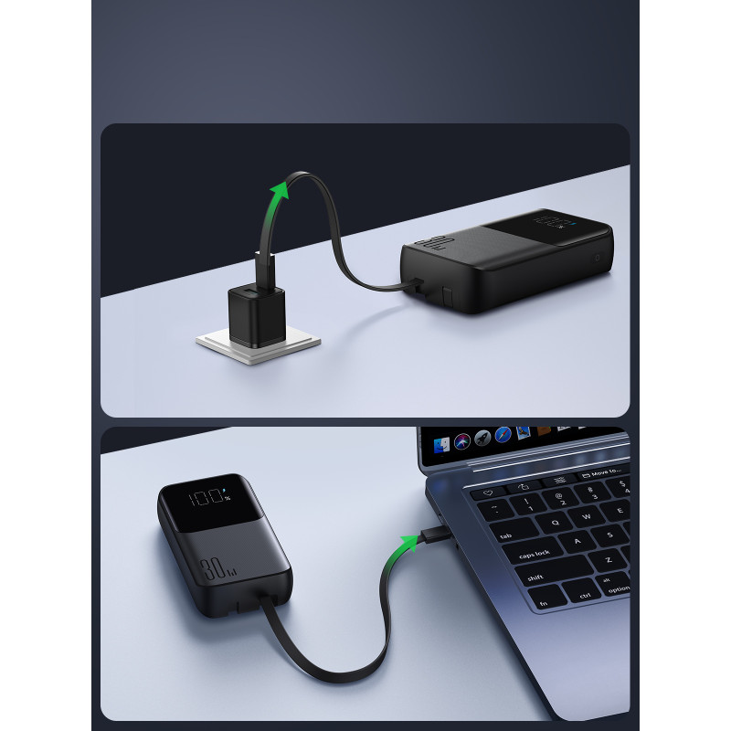 Powerbank 30W 10000mAh su integruotais iPhone Lightning ir USB-C laidais, juodas