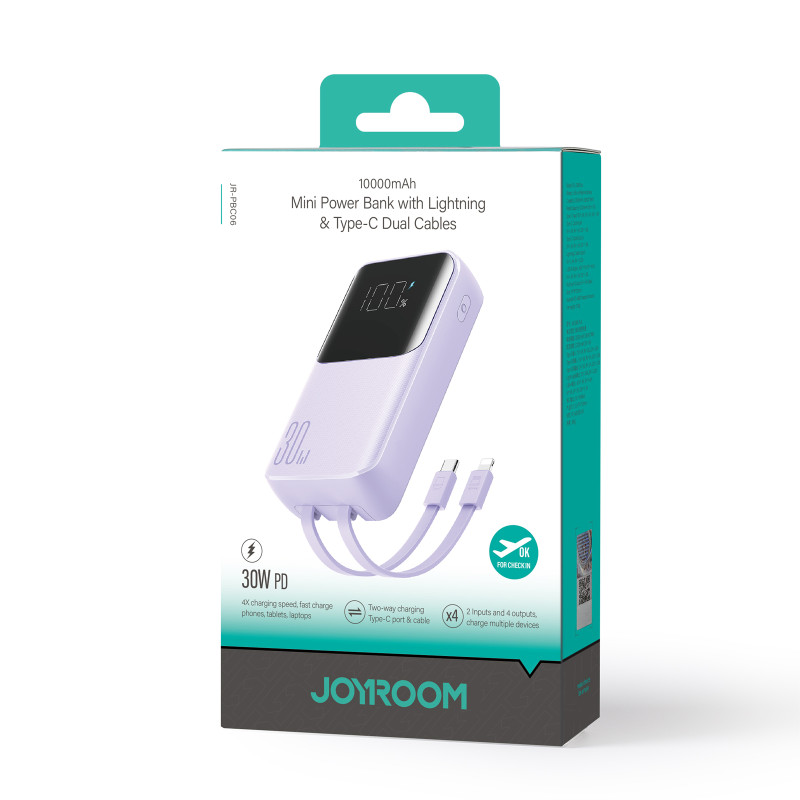
Powerbank 30W 10000mAh su įmontuotais iPhone Lightning ir USB-C laidais violetiniai
