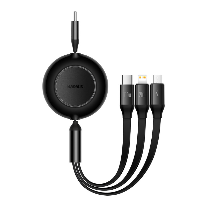 Ištraukiamas kabelis 3in1 USB-C microUSB + iPhone Lightning + USB-C 3.5A 1.1m juodas