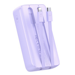 
Powerbank 30W 10000mAh su įmontuotais iPhone Lightning ir USB-C laidais violetiniai
