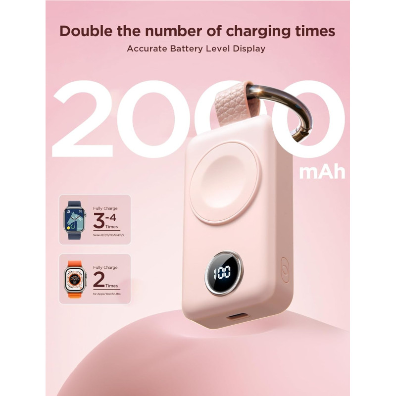 Mini Powerbank raktų pakabukas 2000mAh 3W su Apple Watch įkrovikliu, rožinė
