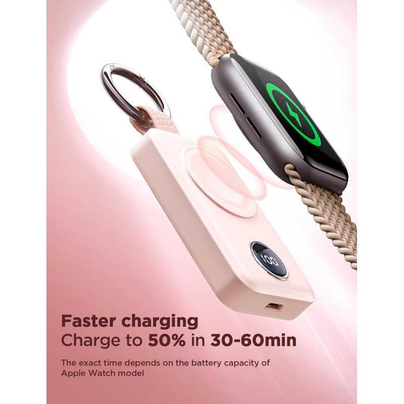 Mini Powerbank raktų pakabukas 2000mAh 3W su Apple Watch įkrovikliu, rožinė