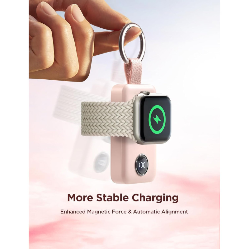 Mini Powerbank raktų pakabukas 2000mAh 3W su Apple Watch įkrovikliu, rožinė